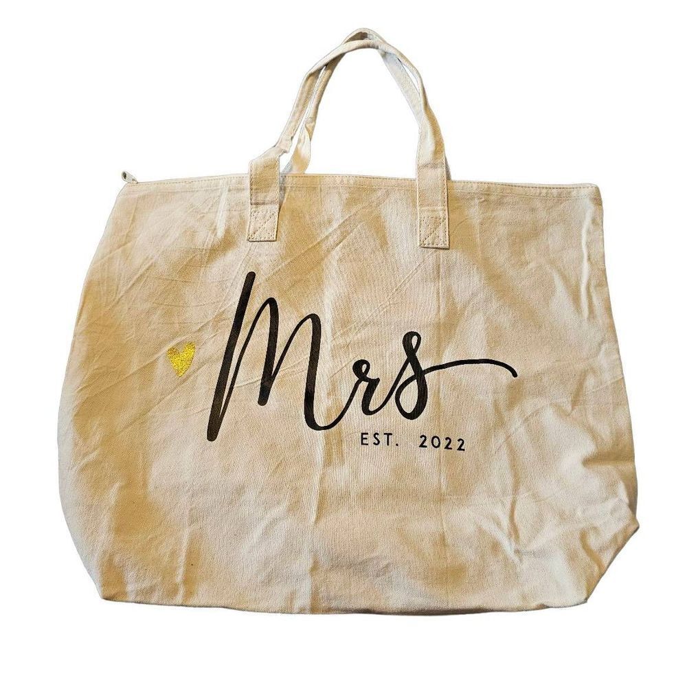 Bride Mrs Est 2022 Jumbo Zippered Canvas Tote Bag Wedding Bridal Shower Gift NEW
